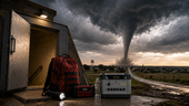 Stormy landscape with emergency gear nearby