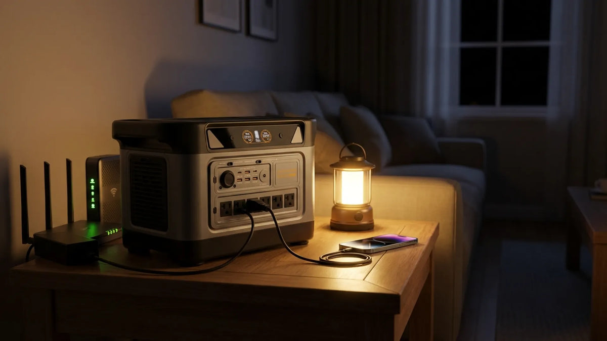 Wi-Fi router and modem powered by a portable power station during a nighttime power outage
