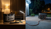Portable power station indoors and a generator running outdoors during a power outage, showing safe backup power choices