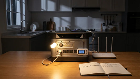 Battery runtime planning for a power outage showing watts to watt-hours math with a portable power station powering a router and lamp