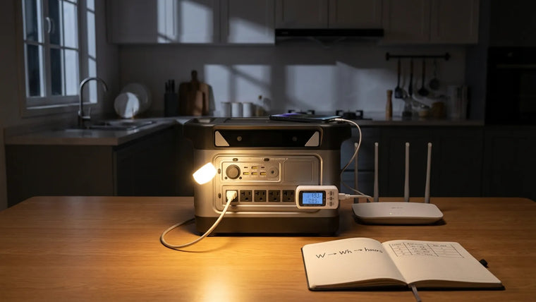 Battery runtime planning for a power outage showing watts to watt-hours math with a portable power station powering a router and lamp