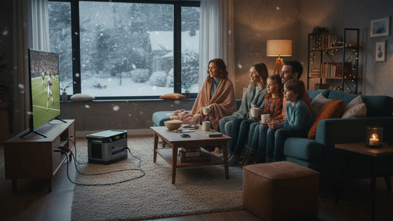 Family watching a football game on TV powered by a portable power station during a winter outage