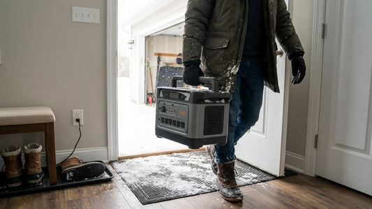 Person bringing a portable power station indoors to warm up before charging in winter