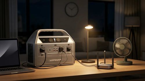 A 600Wh portable power station powering a laptop, LED light, router, and fan in a realistic home outage setting