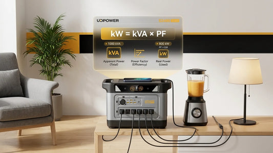 Illustration showing how to convert kVA to kW using the formula kW = kVA × power factor, with a home backup power setup and electrical measurement visuals