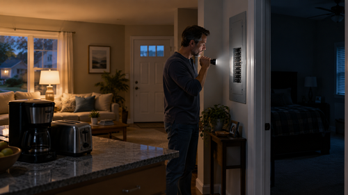 Checking the Electrical Panel During a Nighttime Power Outage