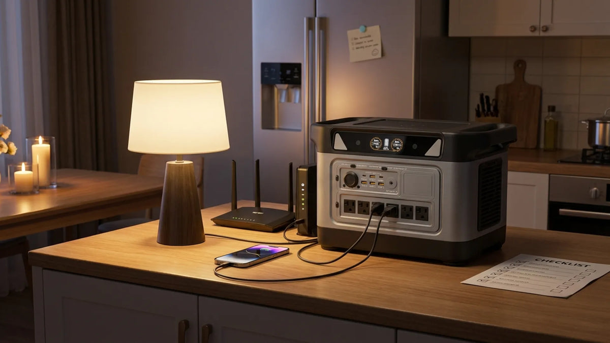 Power outage essentials priority setup with a portable power station powering a router and lamp while a fridge runs in timed cycles