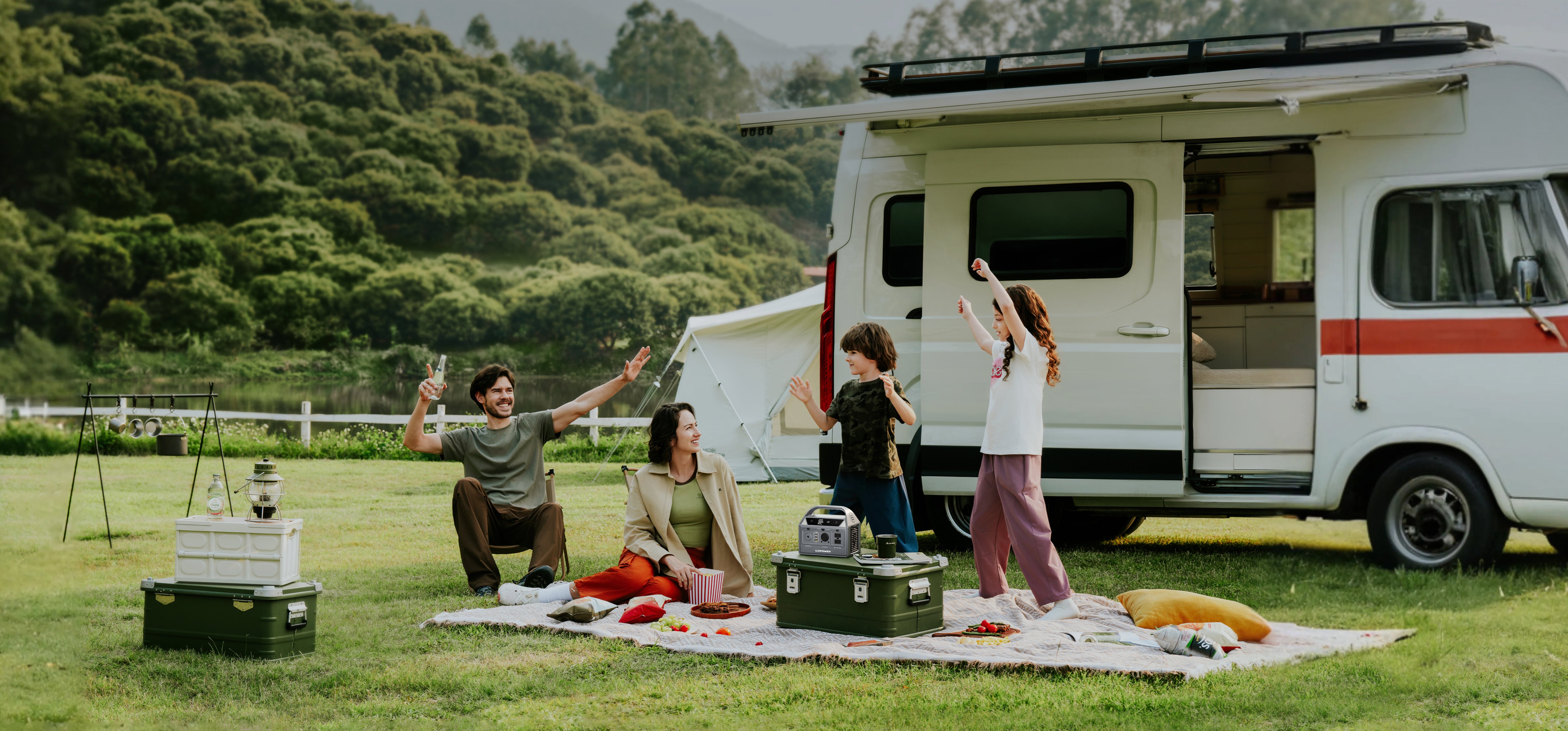 Family camping with RV using UDPOWER portable power station