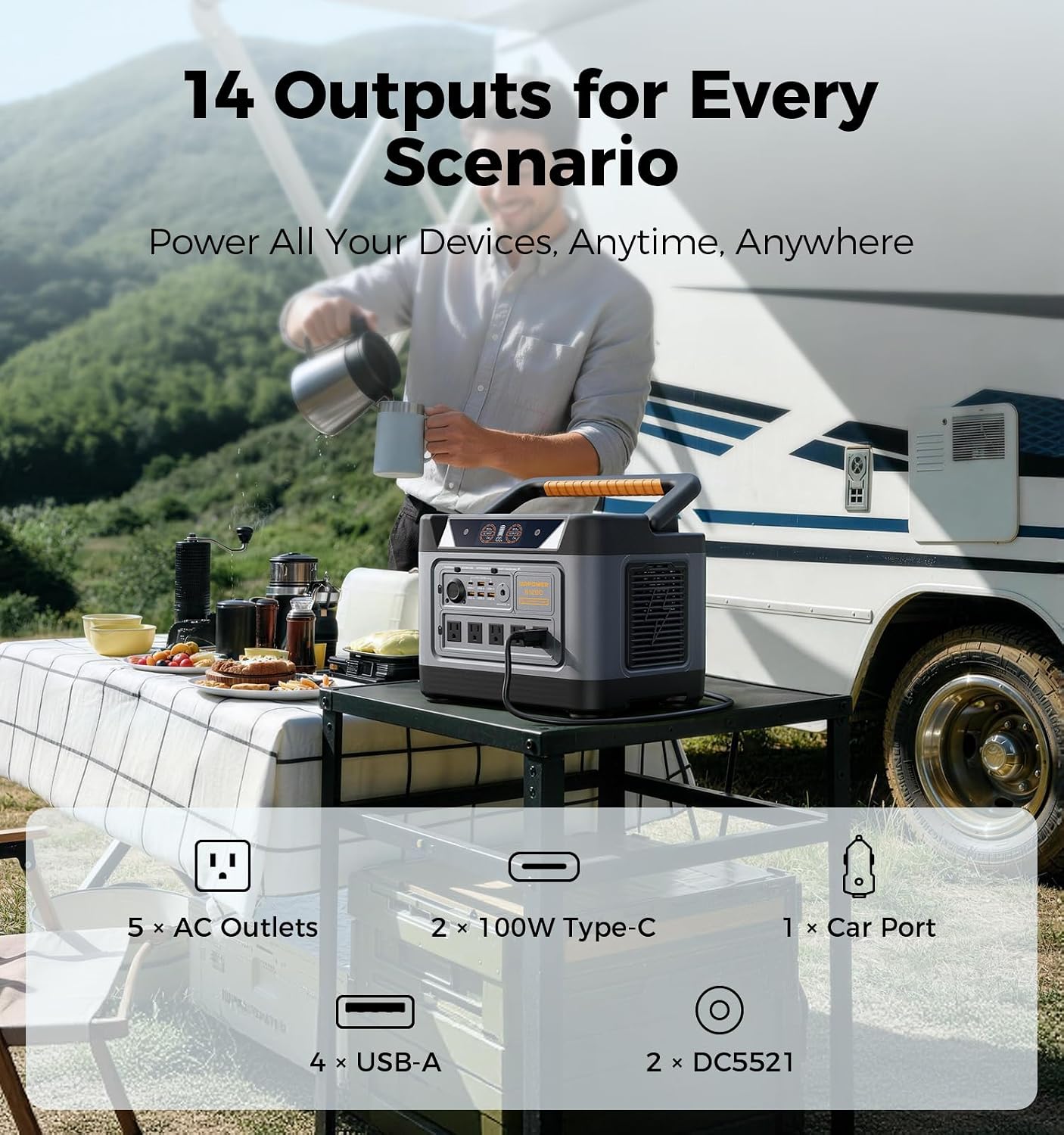 1000W portable power station with 14 outlets