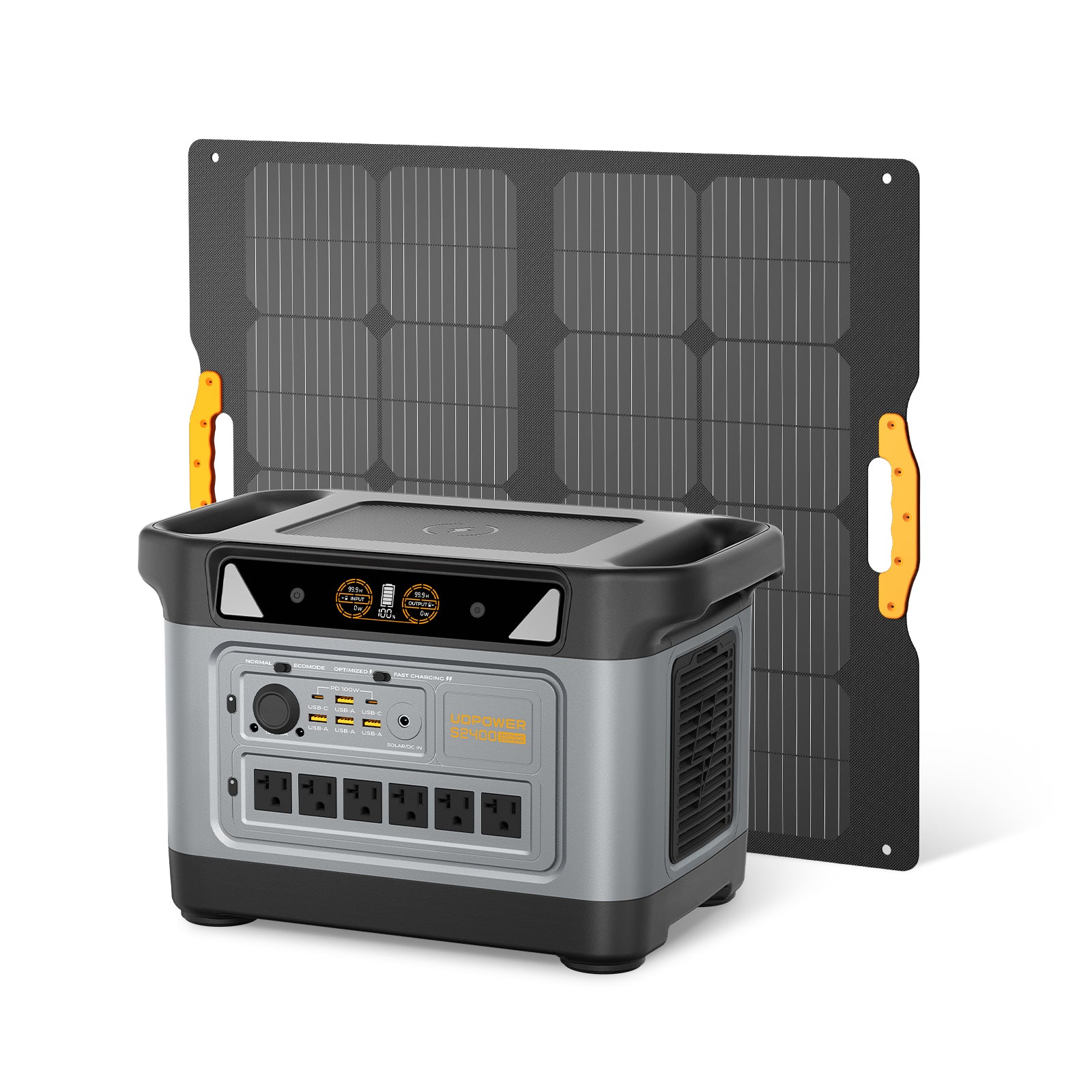 UDPOWER S2400 portable power station shown with a foldable solar panel