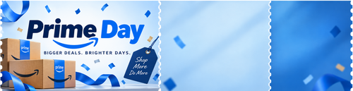 Amazon Prime Day promotional banner with large blue 'Prime Day' text, Amazon branding, stacked Amazon boxes, ribbons, confetti, and a torn-paper style right side on a light blue background.