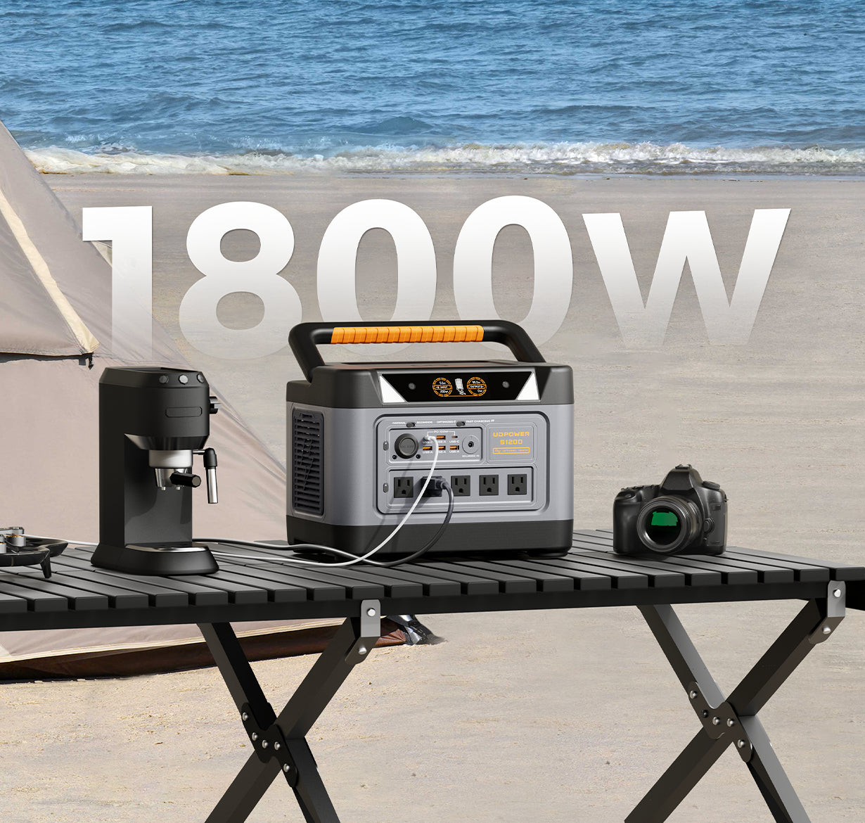 A portable power station set up on a beach table with a coffee maker, camera, and tent nearby, with the ocean and sand in the background and large '1800W' text overlaid.