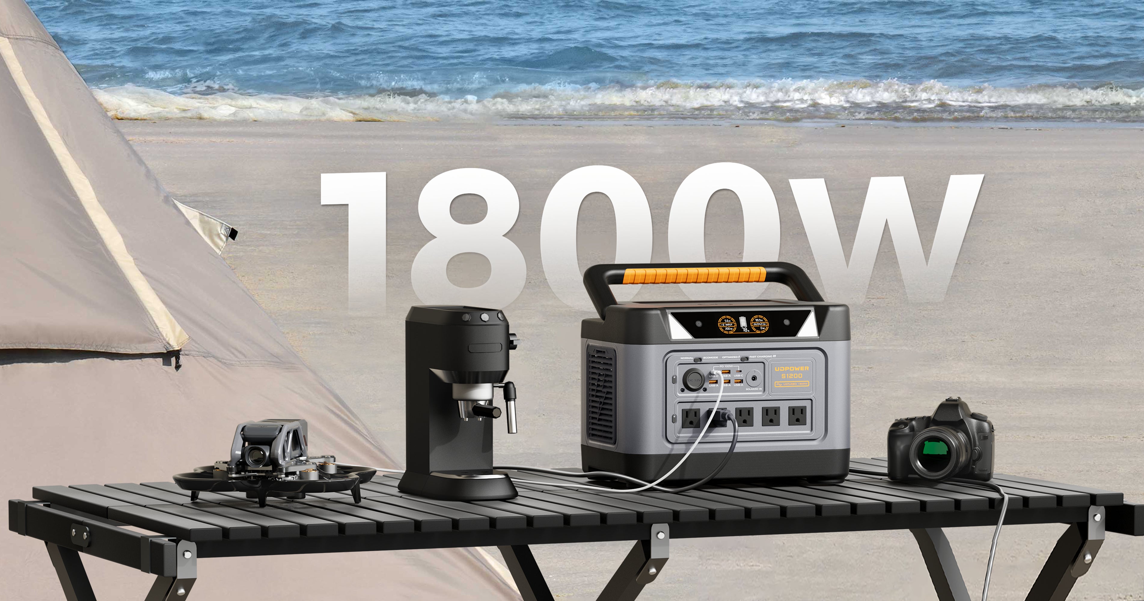 A portable power station and coffee maker set up on a beach table with a tent and ocean in the background. Large white text reading '1800W' is overlaid across the scene.