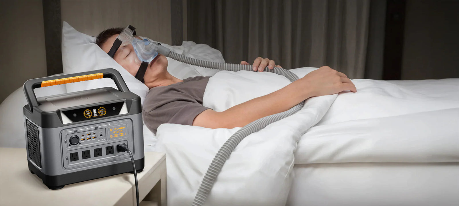 UDPOWER portable power station powering a CPAP machine at night